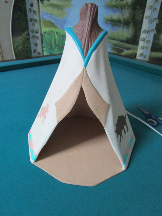 SOUTHWESTERN STYLE TABLE LAMP TEEPEE CERAMIC HAND PAINTED 13"