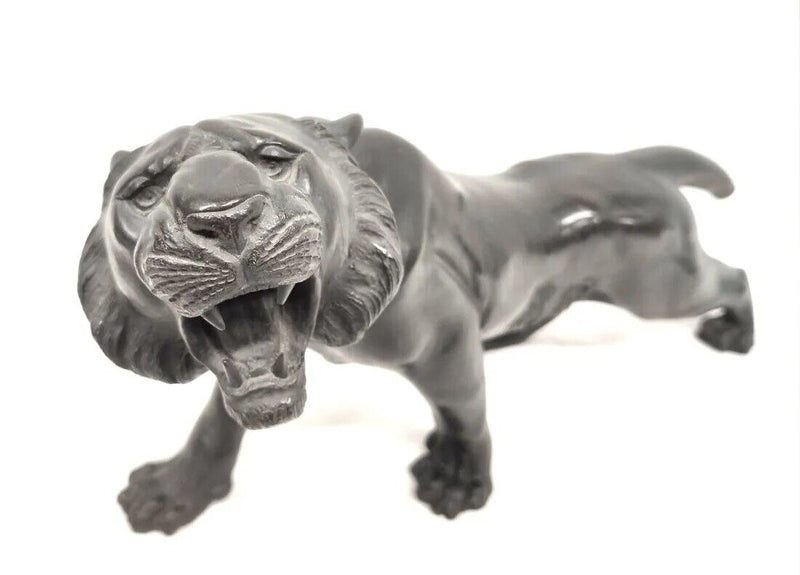 Japanese Meji Period Bronze Striped Tiger OKIMONO Sculpture Wooden Base SIGNED ^