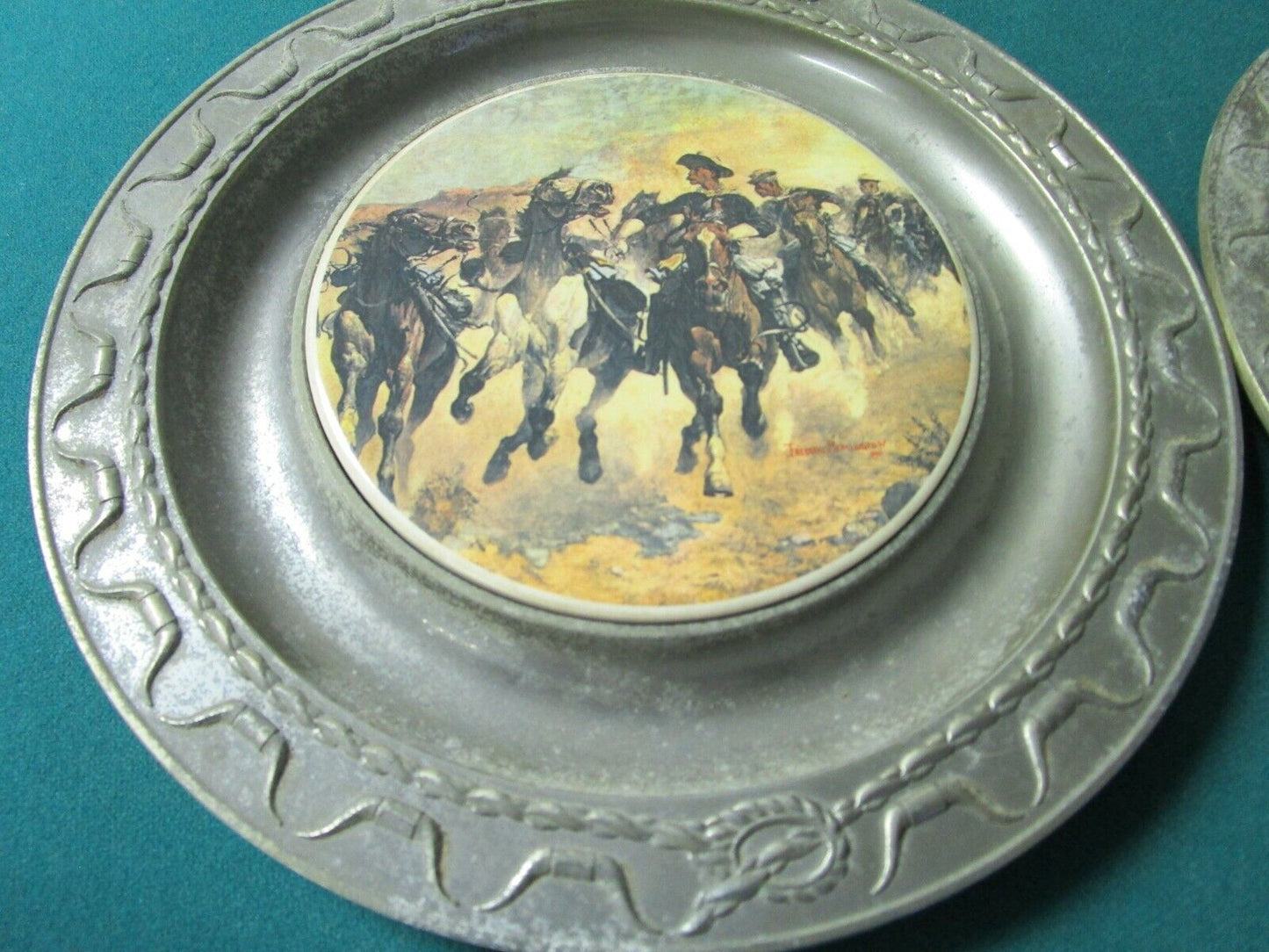 THE PIONEER FOUNDRY PEWTER PLATES REMINGTON ART CERAMIC  CENTER CANTON OH