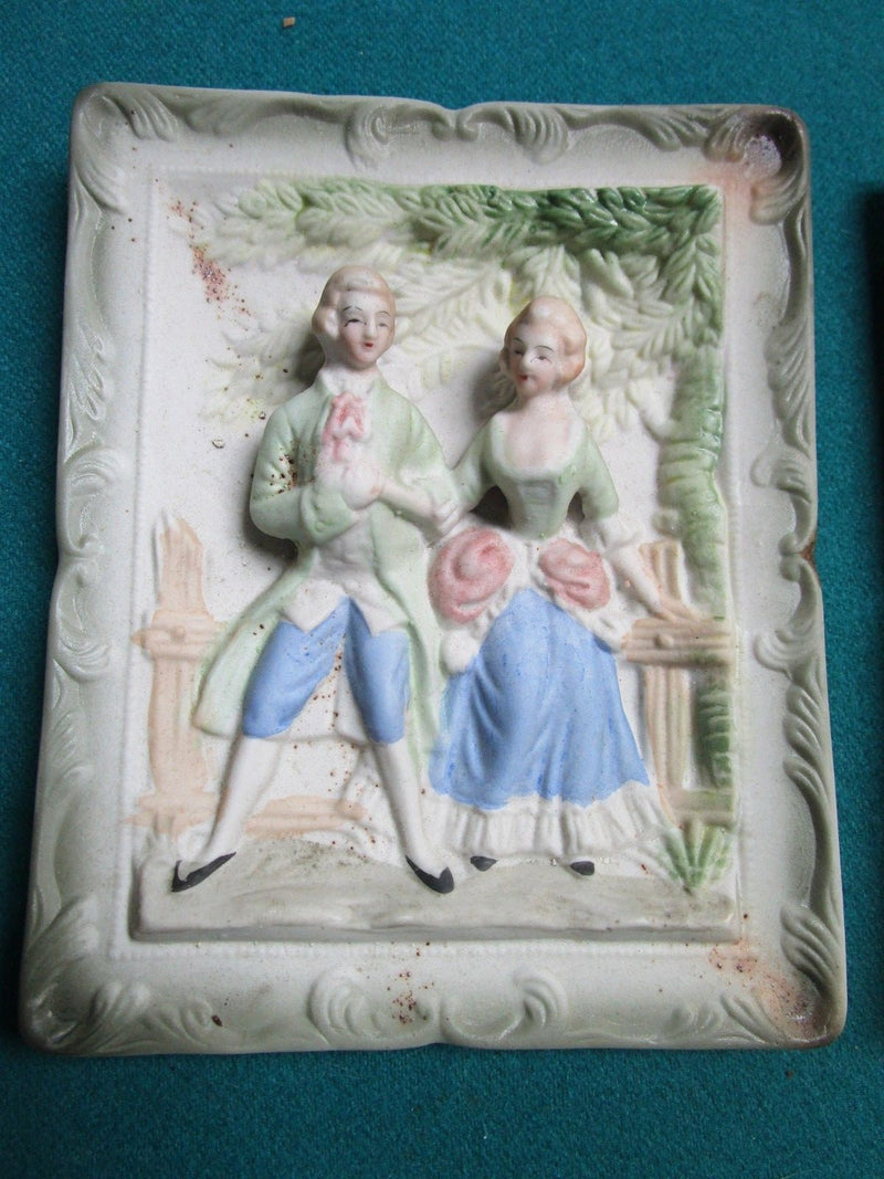 CHASE CERAMIC BISQUE JAPAN 1940s WALL PLAQUES VICTORIAN COUPLE 4 X 5"