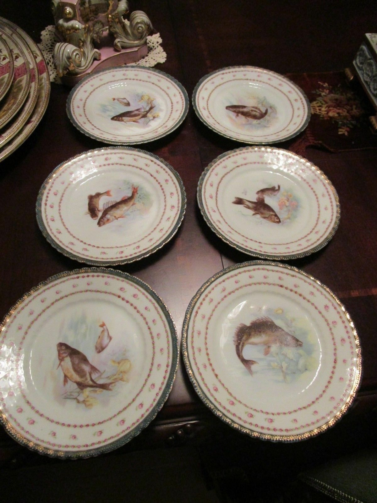 VICTORIA AUSTRIA CARLSBAD LATE 1800s FISH PLATES, GARLAND PLATTER, PORTRAIT VASE