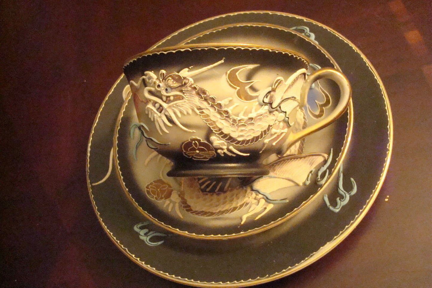 Vintage Dragonware Japan TRIO cup,saucer & cake plate, Moriage dragons[95H]