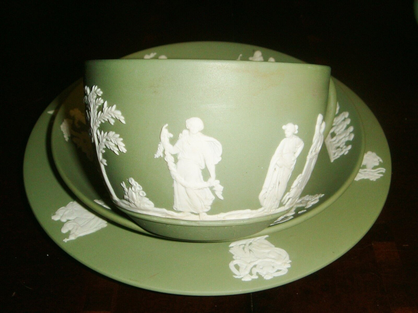 VINTAGE WEDGWOOD GREEN JASPERWARE trio cup, saucer , cake plate [80d]