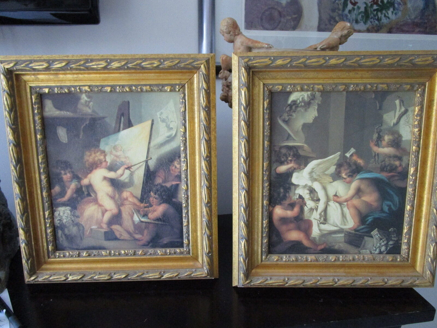 Victorian prints on canvas with relief, angels in attelier, beautiful framing