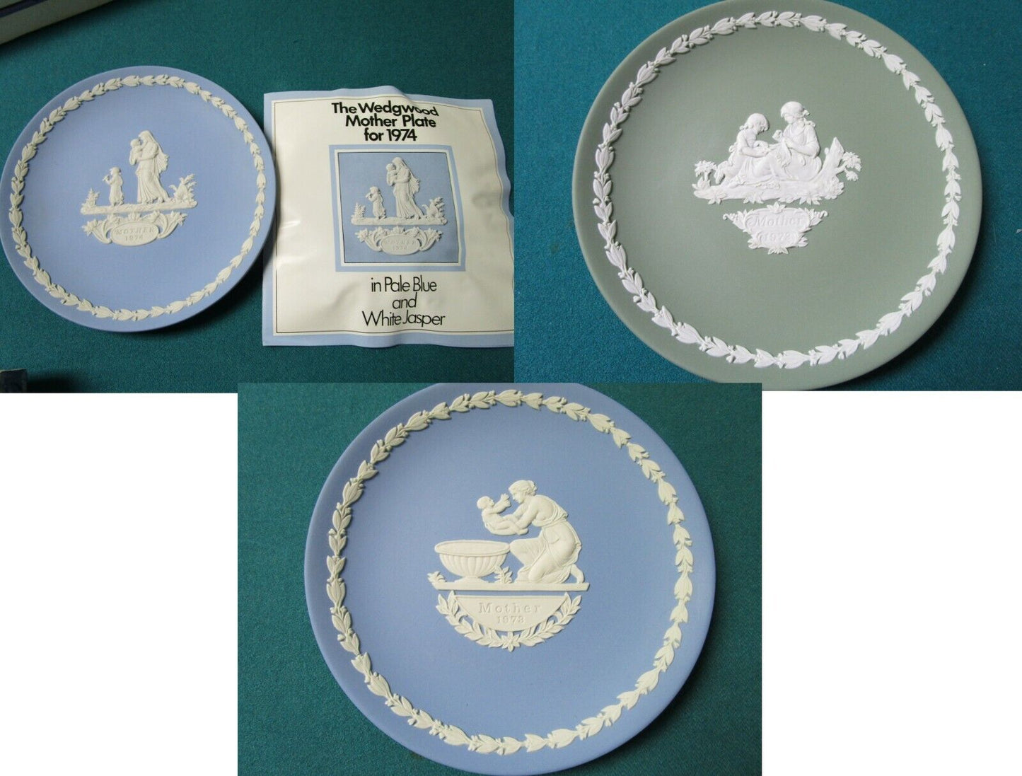 WEDGWOOD CHRISTMAS PLATES GREEN 1972/ BLUE1973 / BLUE 1974  6 1/2" PICK1