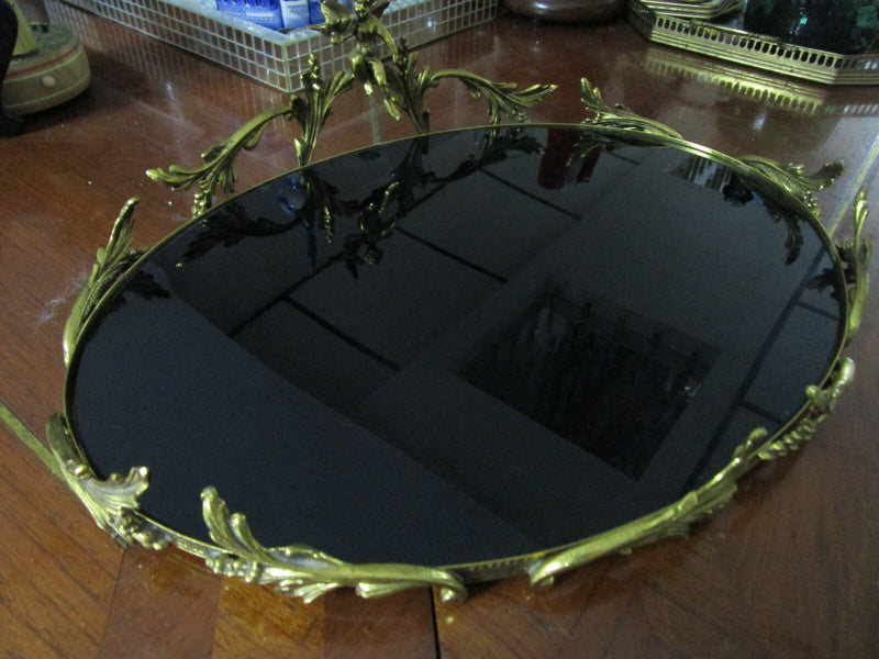 FRENCH ORMULU ANGELS BRASS BLACK GLASS OVAL VANITY TRAY