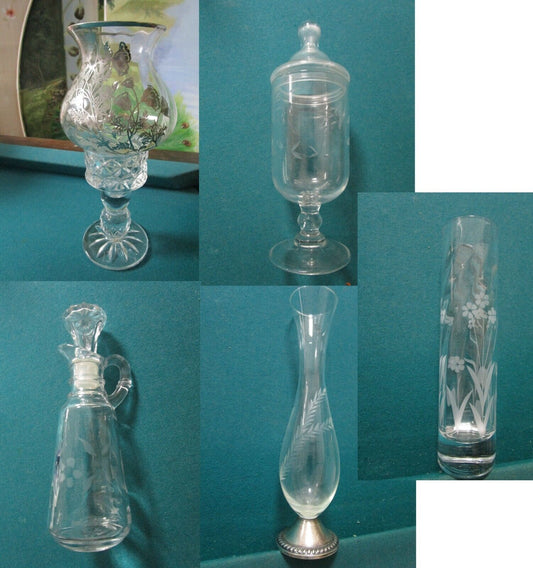 VICTORIAN GLASS SILVER OVERLAY CANDLEHOLDER, STERLING VASE, CRUET APOTHECARY PIC