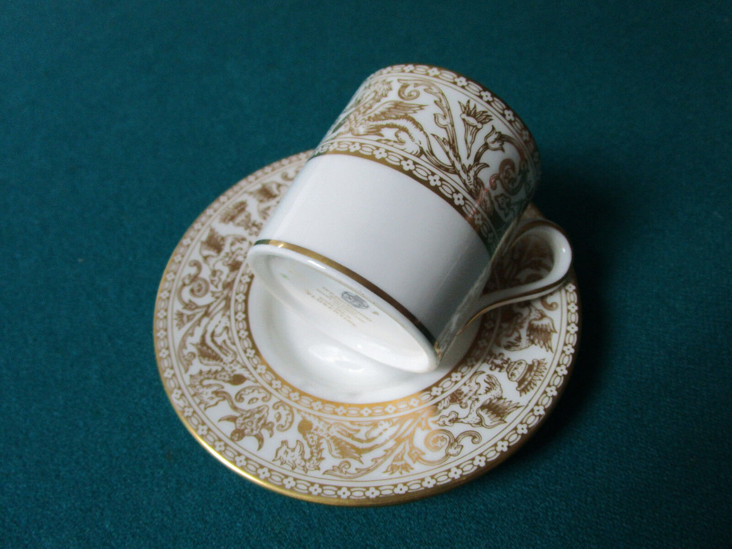 WEDGWOOD ENGLAND  ANTIQUE COFFEE CUP AND SAUCER GOLDEN FLORENTINE ORIGINAL