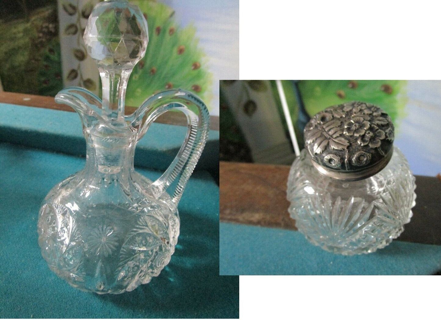 VICTORIAN GLASS CRUET WITH STOPPER  6" BOTTLE WITH STERLING COVER 3" PICK1