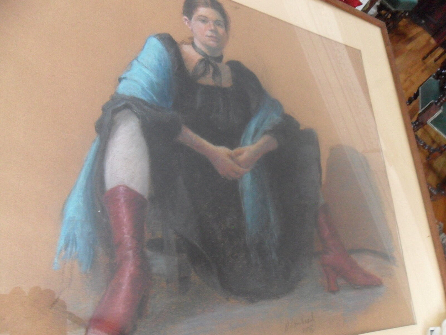 Annette Lombard "The Red Boots" original pastel, signed, large painting