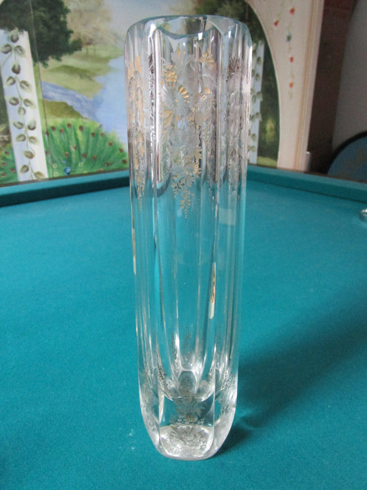 VICTORIAN GOLD ETCHED FLOWERS CRYSTAL LONG VASE 11 1/2" SQUARE BODY GORGEOUS