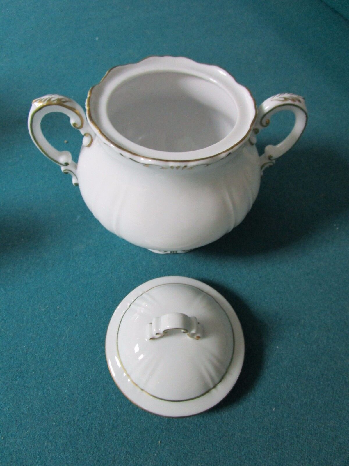 ZSOLNAY HUNGARY 2 PCS TEA SET  WHITE CREAM/GOLD ACCENT, 1960s