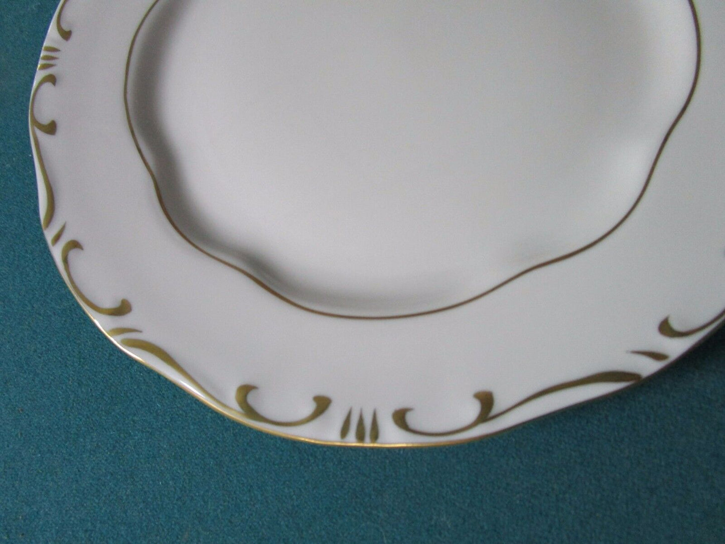 ZSOLNAY HUNGARY 6 BREAD PLATES WHITE CREAM/GOLD ACCENT, 1960s