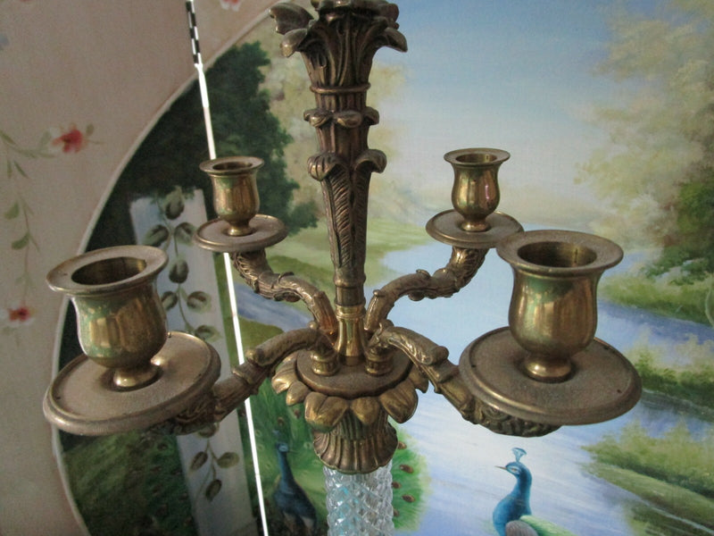 Four Arms Two Lights Brass Depression Glass Diamond Design Electrical Table Lamp