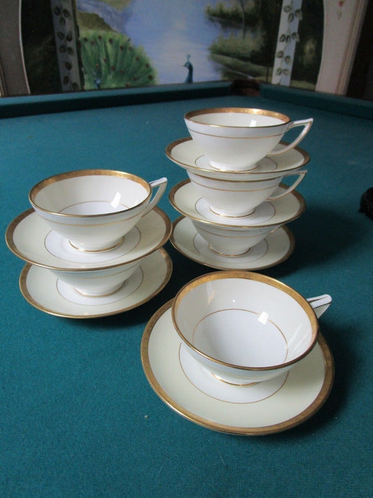 Mintons England  6 Cup / Saucers  Spaulding Chicago   White Gold Rim 50F