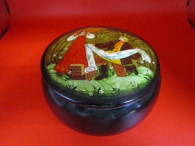 Metal Cloisonne  Russian Trinket Jewelry Box Round Hand Painted 2 3/4 X 5"