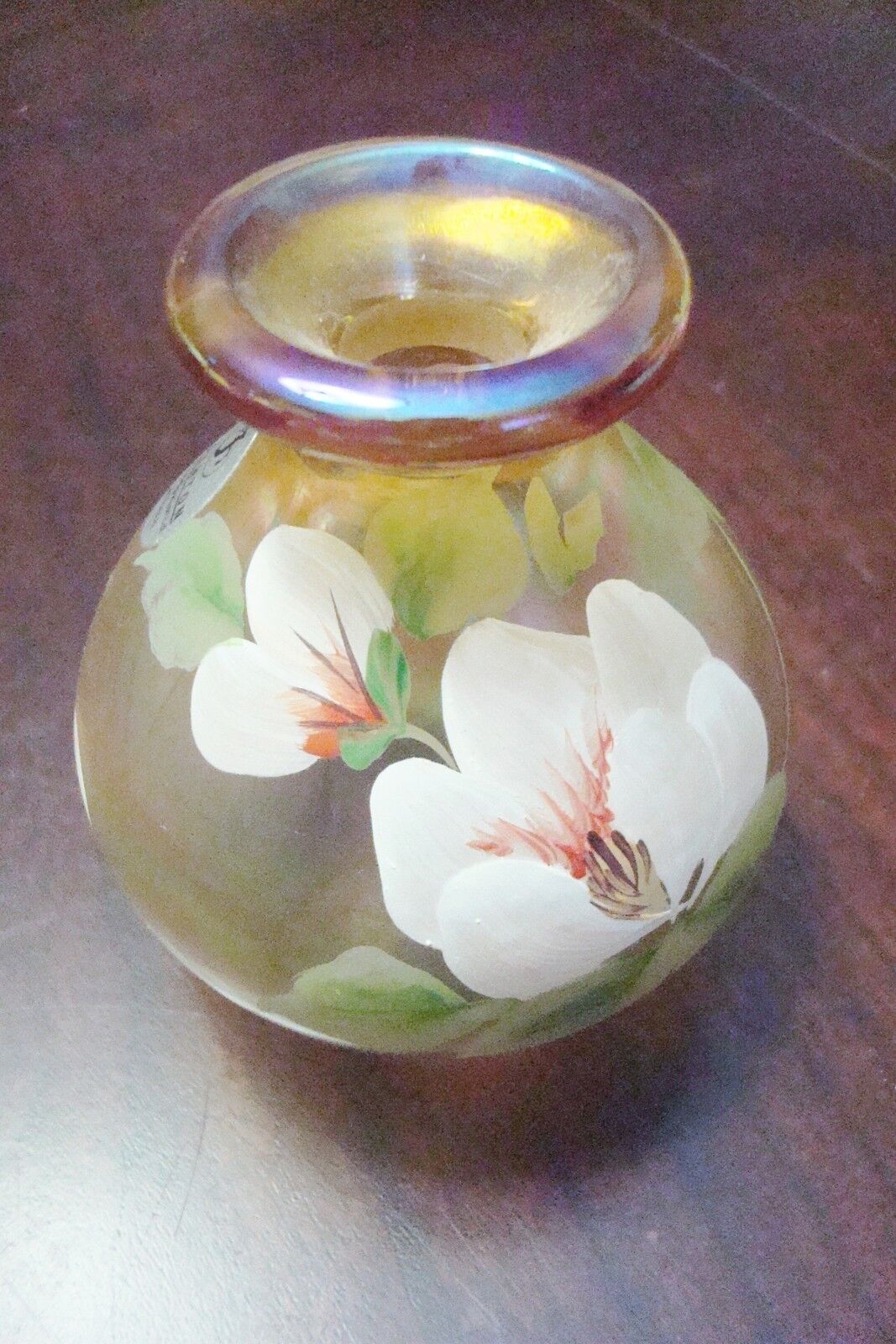 Vintage Fenton  Hand Painted Signed Clear Amber mini vase [aA]