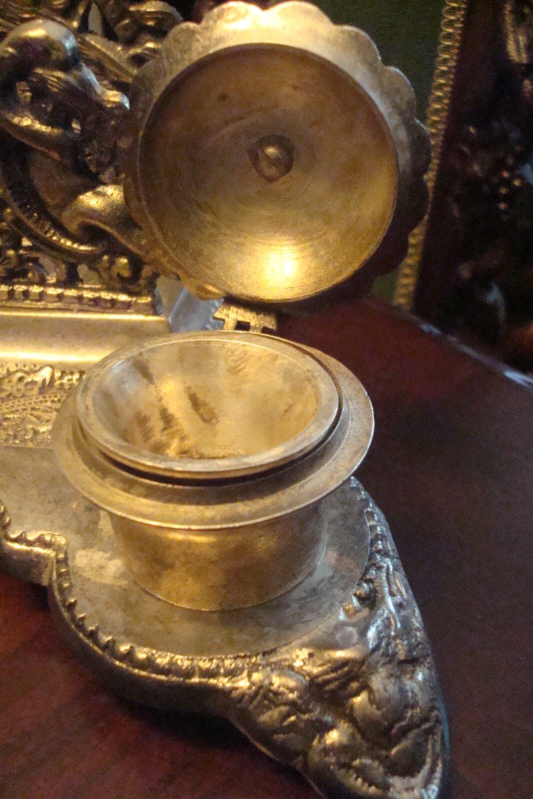 Victorian, antique Silver Plated ink stand, features an ornate base[*]