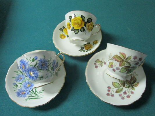 Royal Vale Bone China Cups Saucers Yellow Roses, Violets , Berries, Pick 1 [60B]