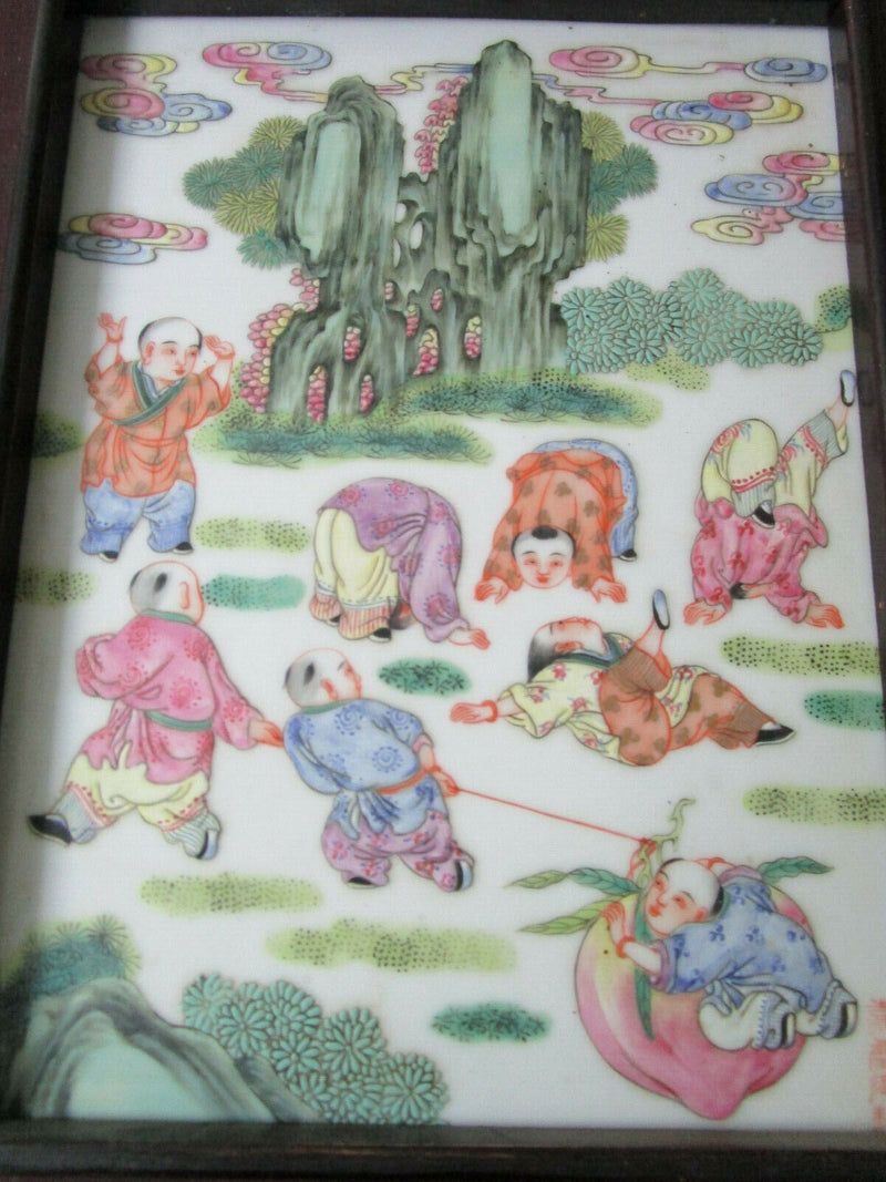 Chinese Antique Famille Rose Framed Porcelain Plaque CHILDREN PLAYING PICK 1