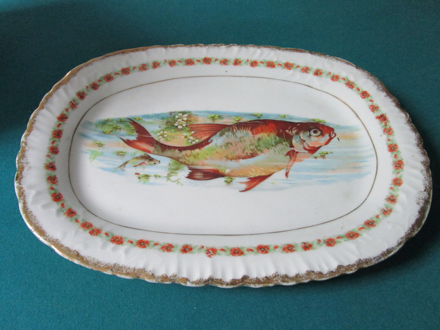 ANTIQUE CERAMIC FISH TRANSFERWARE TRAY 16 X 12" original