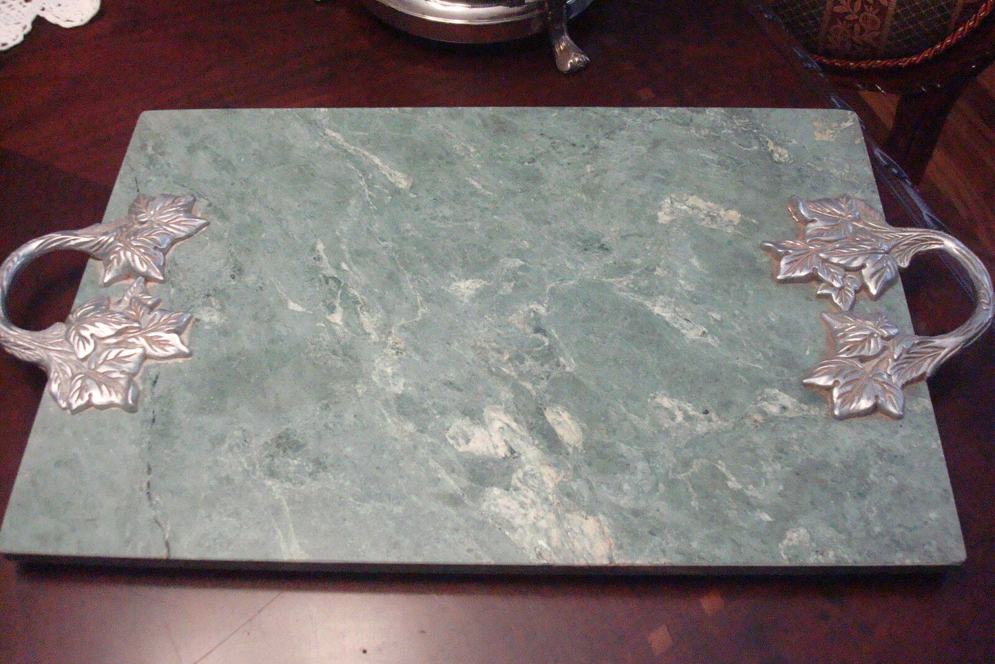 Vintage Cheese green  marble tray with silverplate engraved handles, 18"/12"[*]