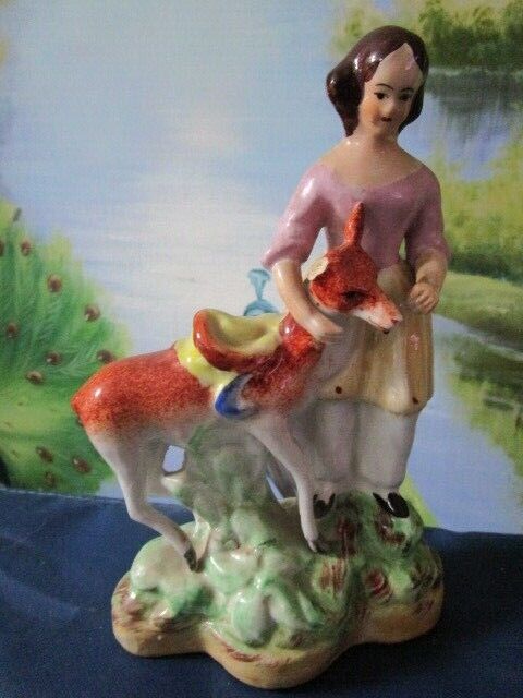 Antique Staffordshire Lady With Deer 7"