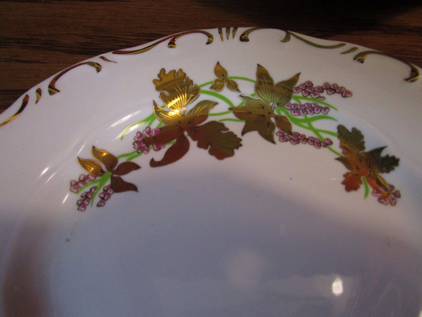 ZSOLNAY HUNGARY 6 DINNER PLATES GOLDEN IRIS FLOWERS 1960s