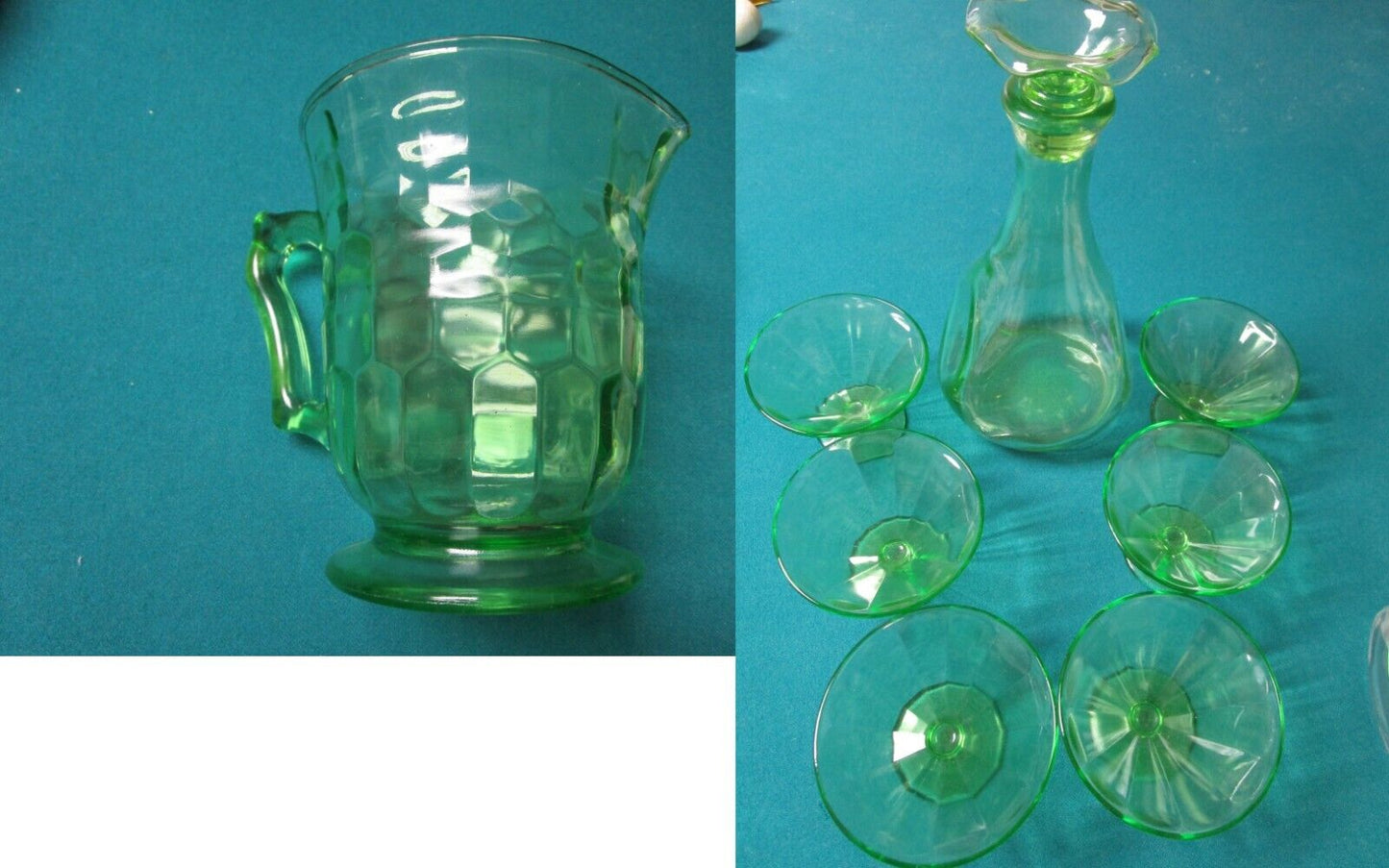 URANIO HAZEL ATLAS GREEN VASELINE GLASS PITCHER DECANTER GLASSES ESBO RARE PICK1