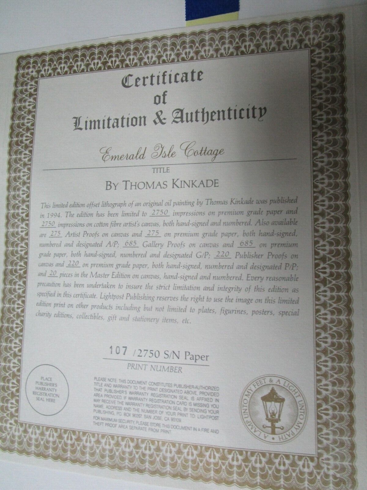 THOMAS KINKADE "EMERALD ISLE" LITHOGRAPH SIGNED NUMBERED COA ORIGINAL SEAL