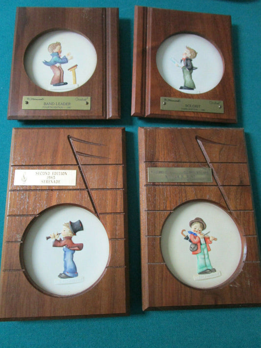 4 HUMMEL COMMEMORATIVE DISHES 1985/1987 WOOD FRAME GOLDEN PLAQUE