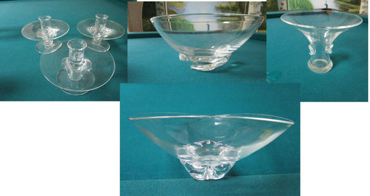 STEUBEN TRILLIUM CRYSTAL BOWL, JAMES McNAUGHTON, CANDLESTICK, G. THOMPSON VASE