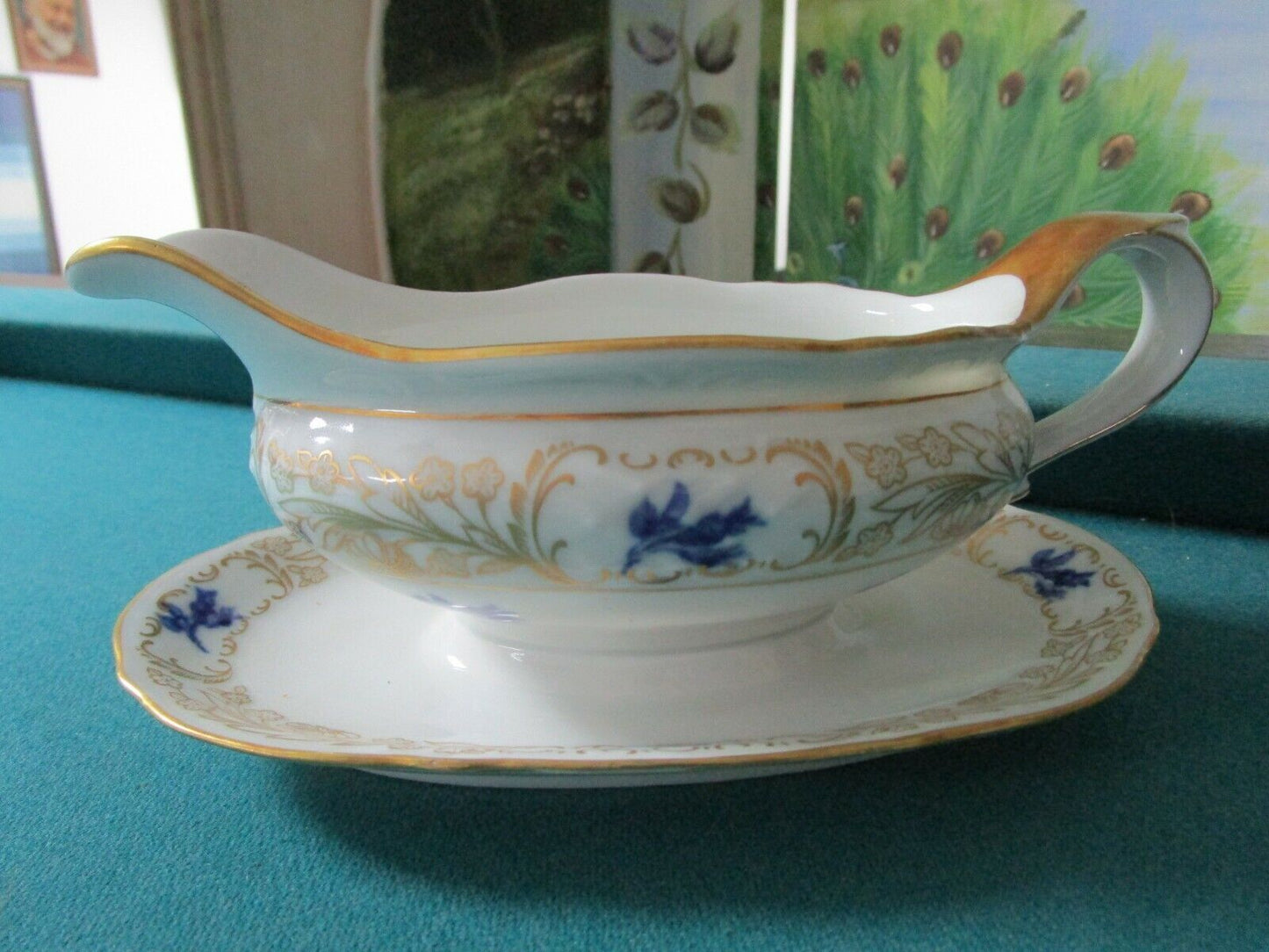 SCHUMANN ARZBERG ETCH COBALT GRAVY BOAT WITH UNDERPLATE [85]