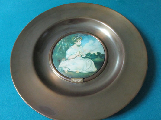 antique BRASS PLATTER PAINTED CERAMIC CENTER "AGE OF INNOCENCE" BY REYNOLDS