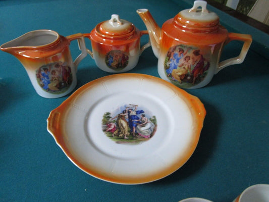 ZSOLNAY HUNGARY COFFEE SET ORANGE LUSTER DANCING MAIDENS STENCILED 1940s UNIQUE