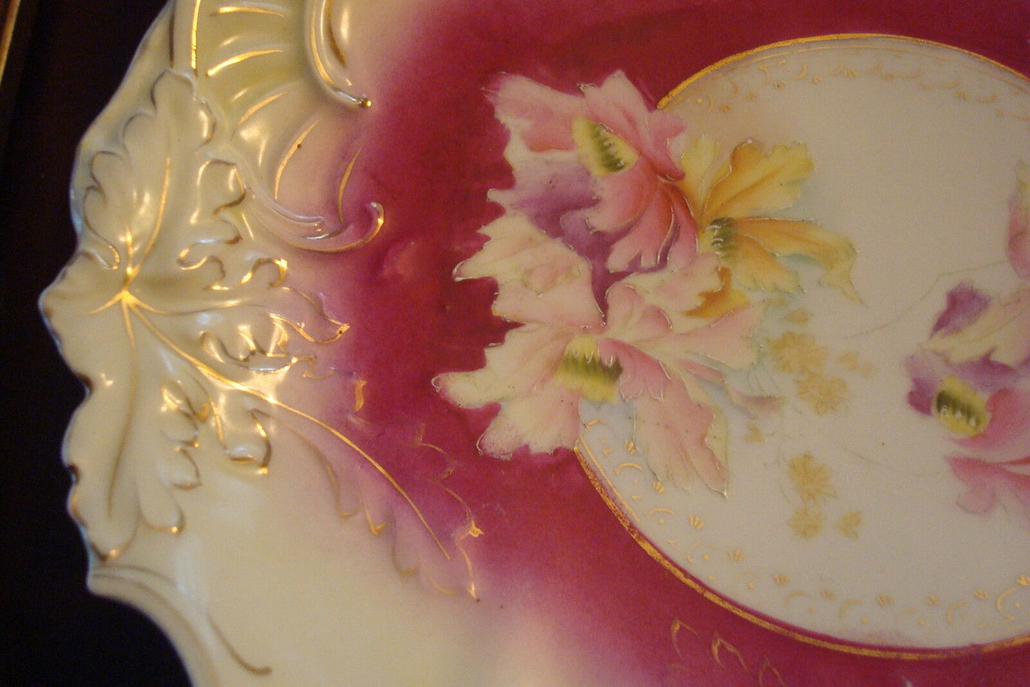 Unmarked German Platter (RS?) beautiful decorations with pink yellow orchids[B32