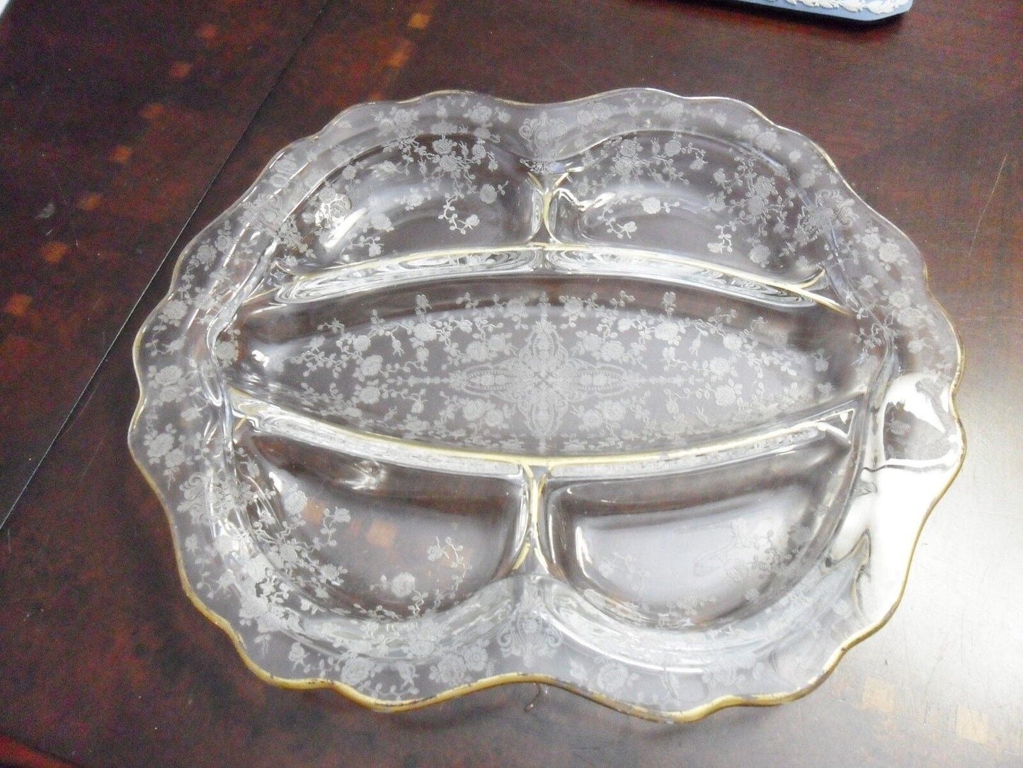 Vtg Wildflower Cambridge crystal print etched glass relish tray divided dish[a5]