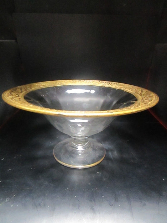 VINTAGE PEDESTAL OPTIC CRYSTAL GLASS COMPOTE BOWL GOLD ENCRUSTED RIM