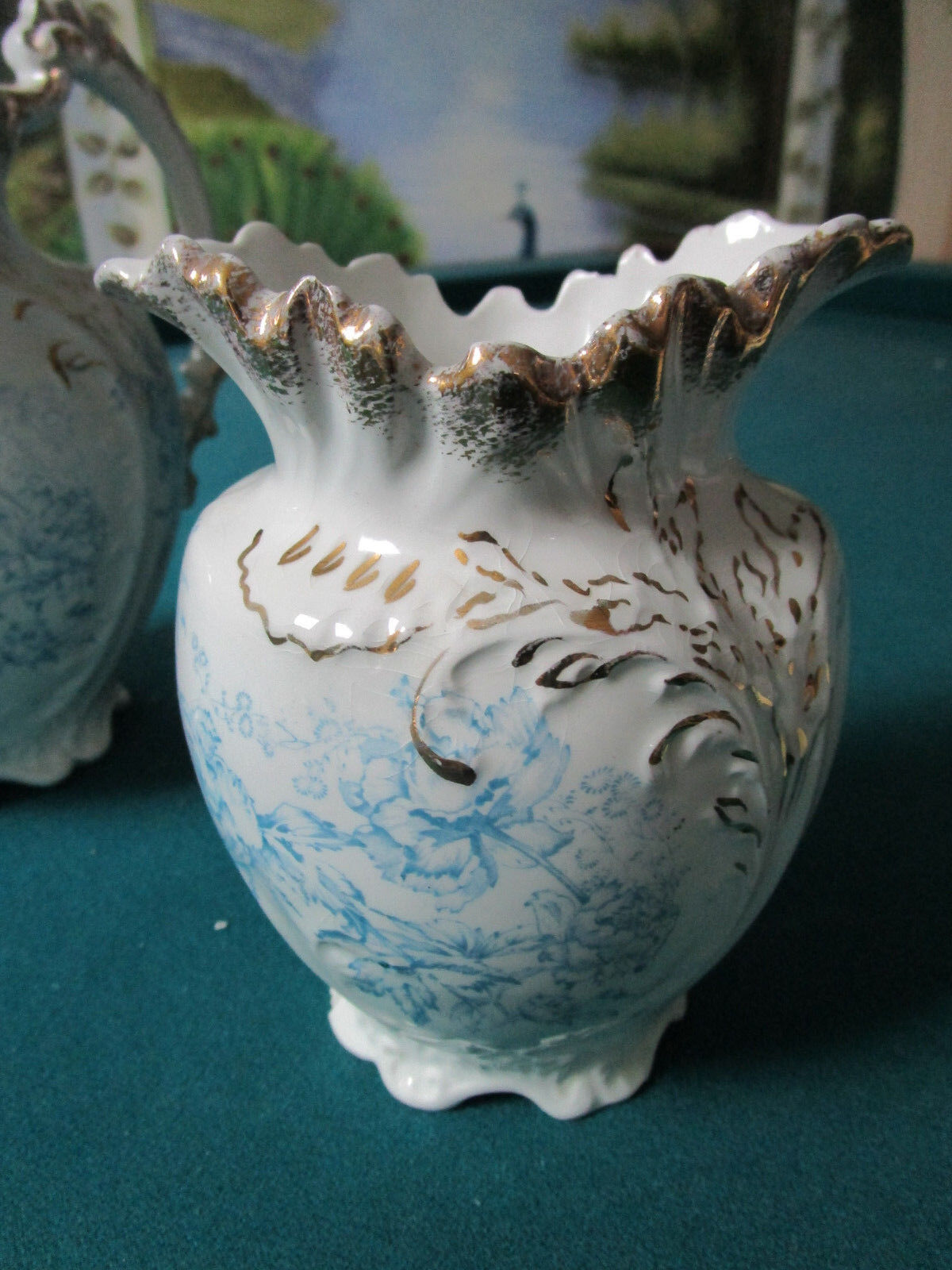 W H  GRINDLEY ENGLAND BLUE PEONIA CHAMBER VANITY CERAMIC SET 3 PCS original