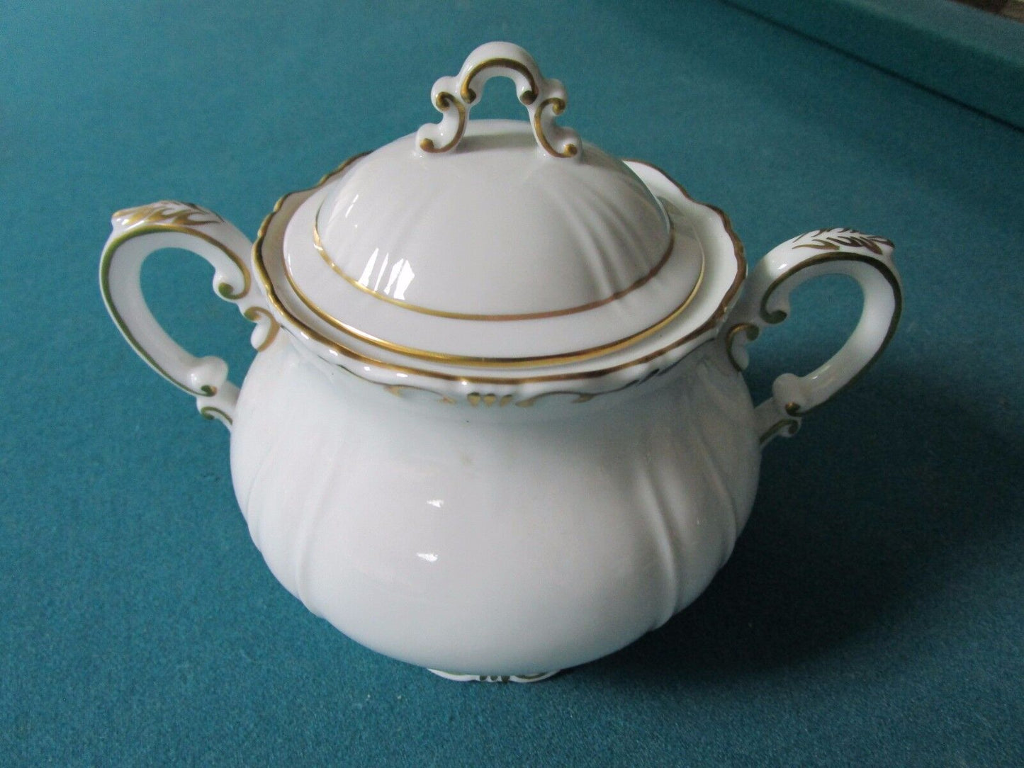 ZSOLNAY HUNGARY 2 PCS TEA SET  WHITE CREAM/GOLD ACCENT, 1960s