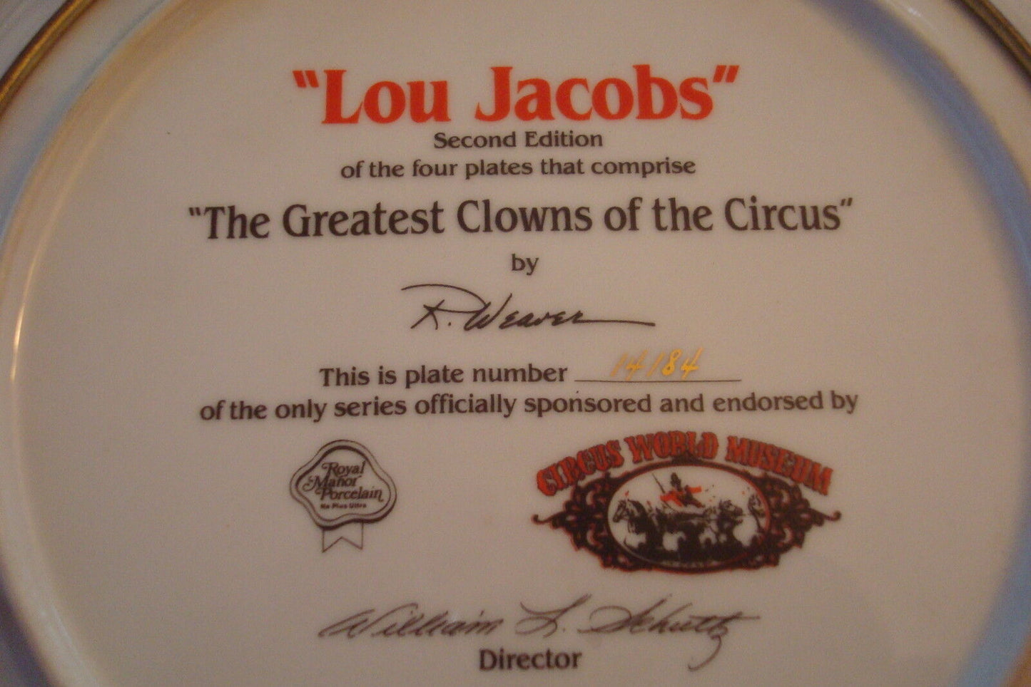 "Lou Jacobs"  Collector Plate, by artist R. Weaver-The Greatest Clowns