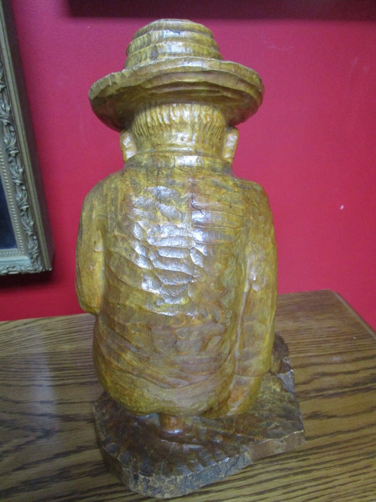 WOOD HAND CARVED sculpture Hispanic ARTIST, SIGNED "MM", POOPING MAN