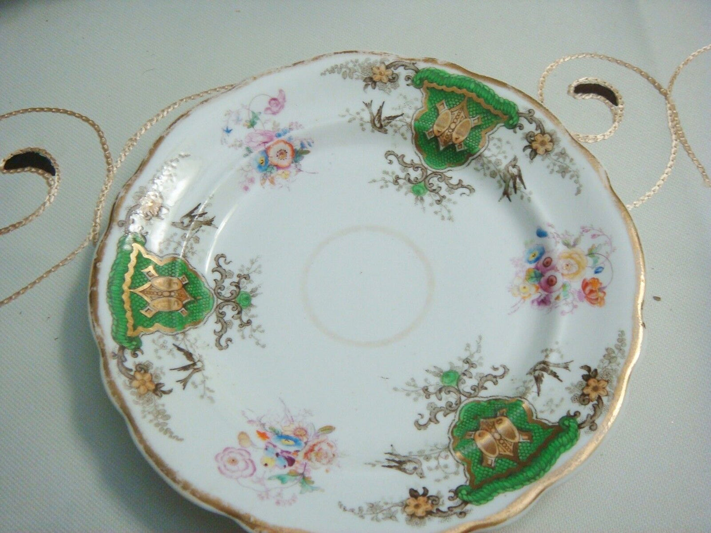 Dresden Armorial bread plates, 6, flowers,birds and gold, 7 1/2" [*a14]