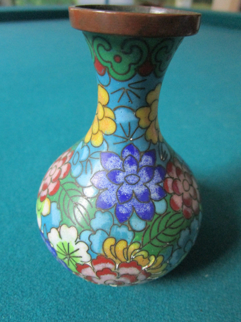 CHINESE CLOISONNE VASE MULTICOLOR FLOWERS 4"  ORIG
