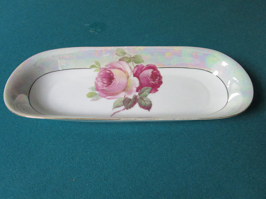 Z S & Co (Scherzer) LUSTERWARE AND ROSES RELISH TRAY 2 X 5 X 12" ORIGINAL [170B]