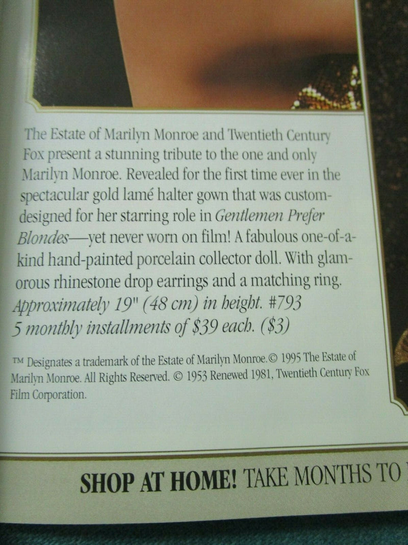 1990s FRANKLIN HEIRLOOM GOLDEN GLITTERING MARILYN DOLL, NEW 19" doll