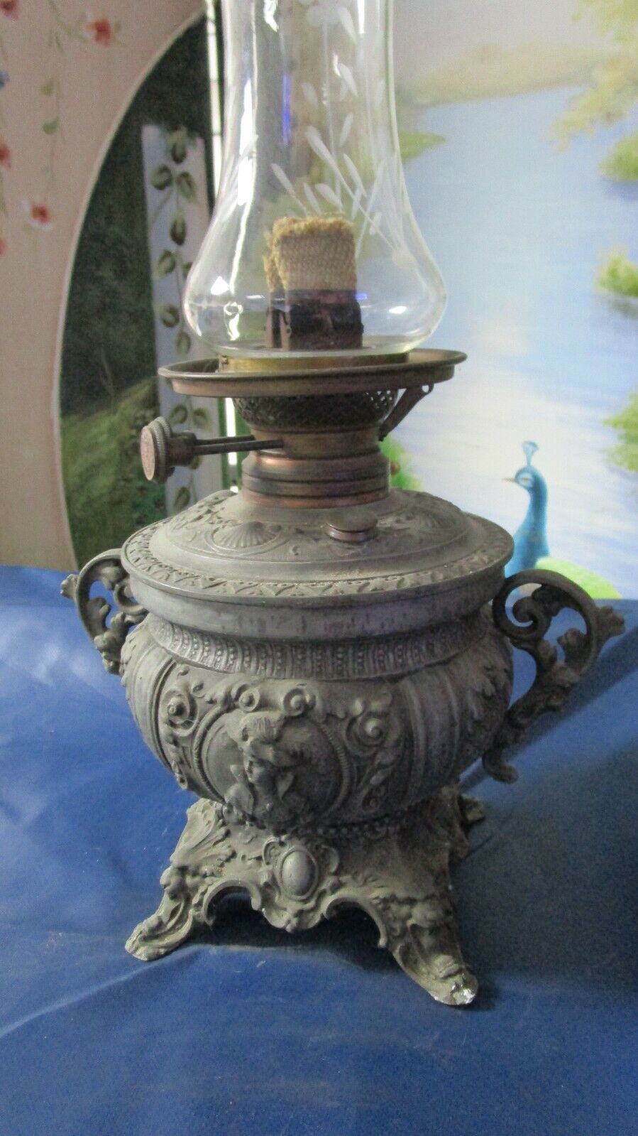 1880s Nicholas Muller & Sons NY cast metal oil lamp UNIQUE/ORIGINAL