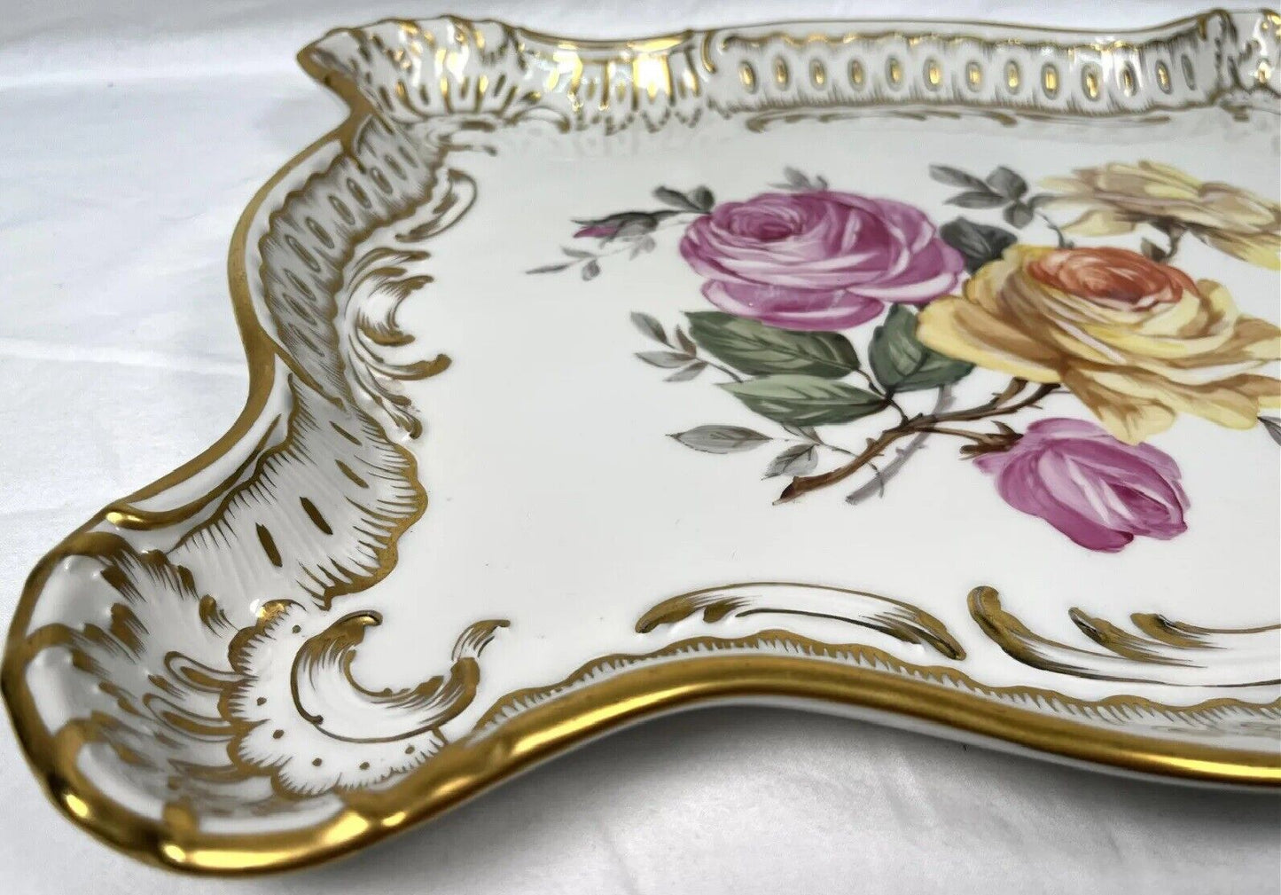 19th CENTURY EDME SAMSON CIE LARGE FLORAL CERAMIC TRAY ROSES AND GOLD 18"