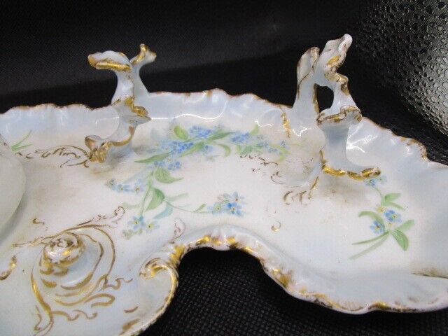 William Guerin Germany antiqueInkwell ceramic blue flowers and gold 10 x 6" [aC]