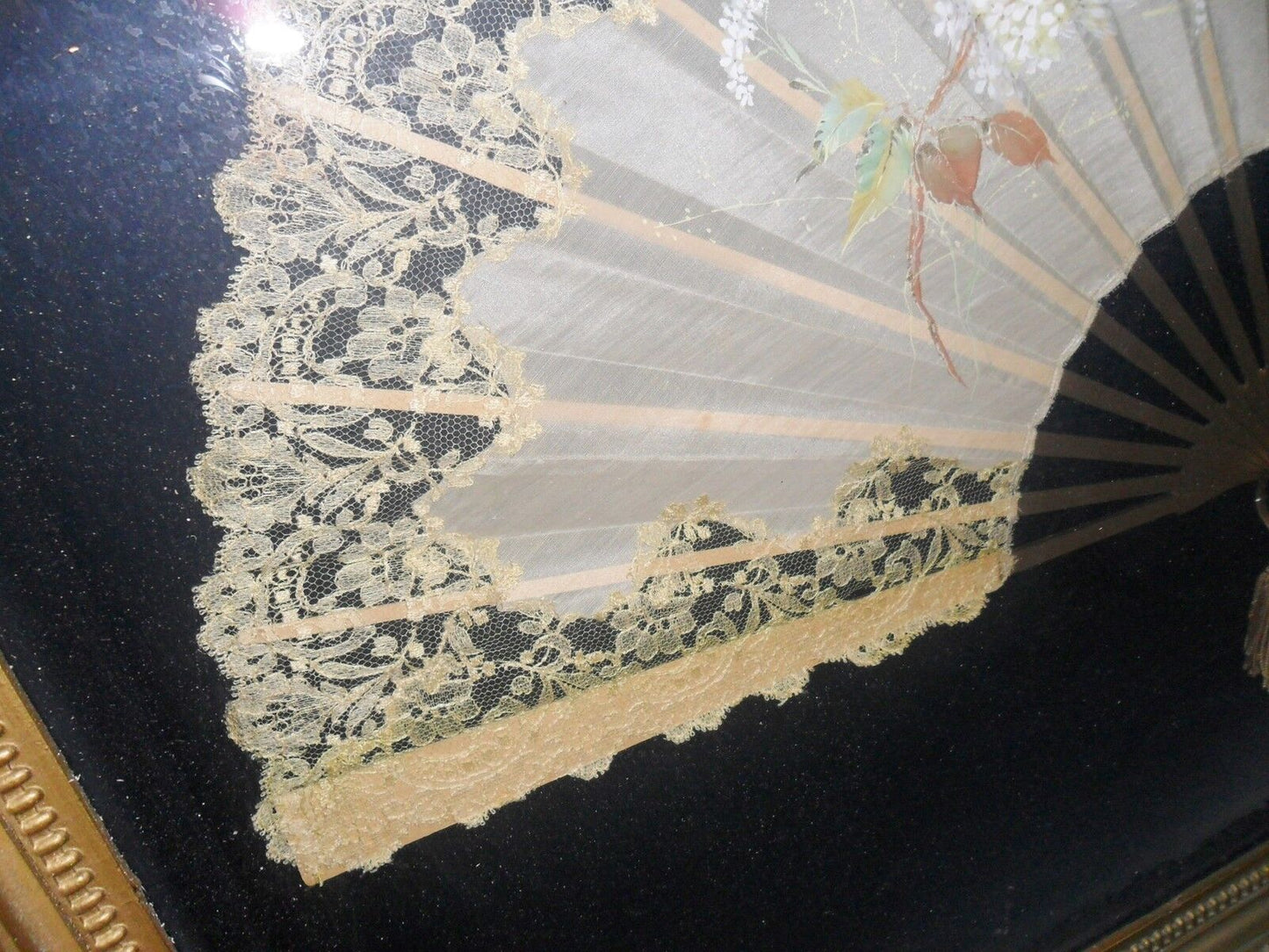 1800s hand fan handpainted, silk and lace, wooden handle, gorgeous frame